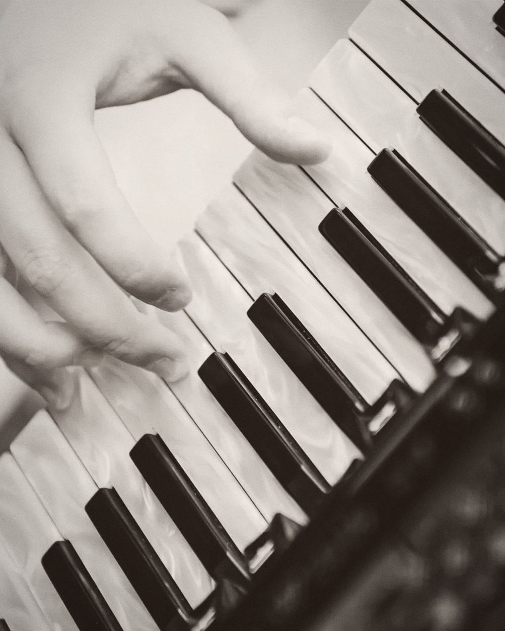 Hand auf den Tasten eines Akkordeons, dahinter eine Gitarre